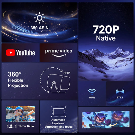 بروجكتور VEVSHAO A12 محمول وذكي يدعم 4K وWi-Fi 6