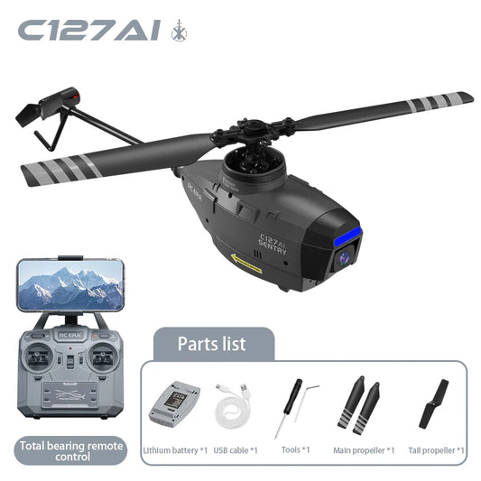 هليكوبتر C127 احترافية بمحرك Brushless وكاميرا HD مع تقنية FPV وتحكم 4 قنوات، لتجربة طيران واقعية وتحكم أكثر دقة.  تصميم عملي وأداء قوي مناسبة لمحبي الطيران وتجارب التحكم الاحترافية.